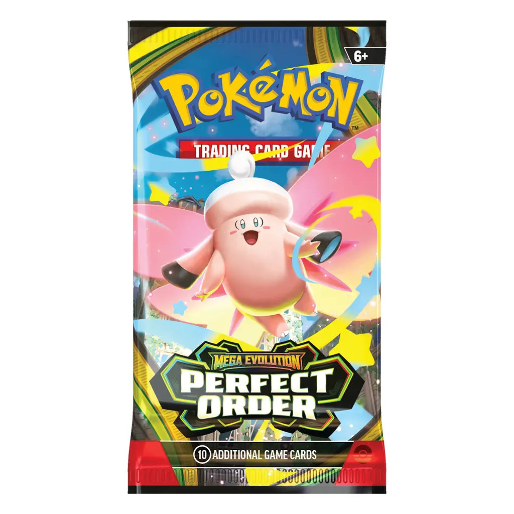 Pokemon trading card booster pack, pink and pastel glossy foil wrapper with a cheerful fairy-like character, rectangular sealed pack for gameplay, centered upright on a light background with branding text.