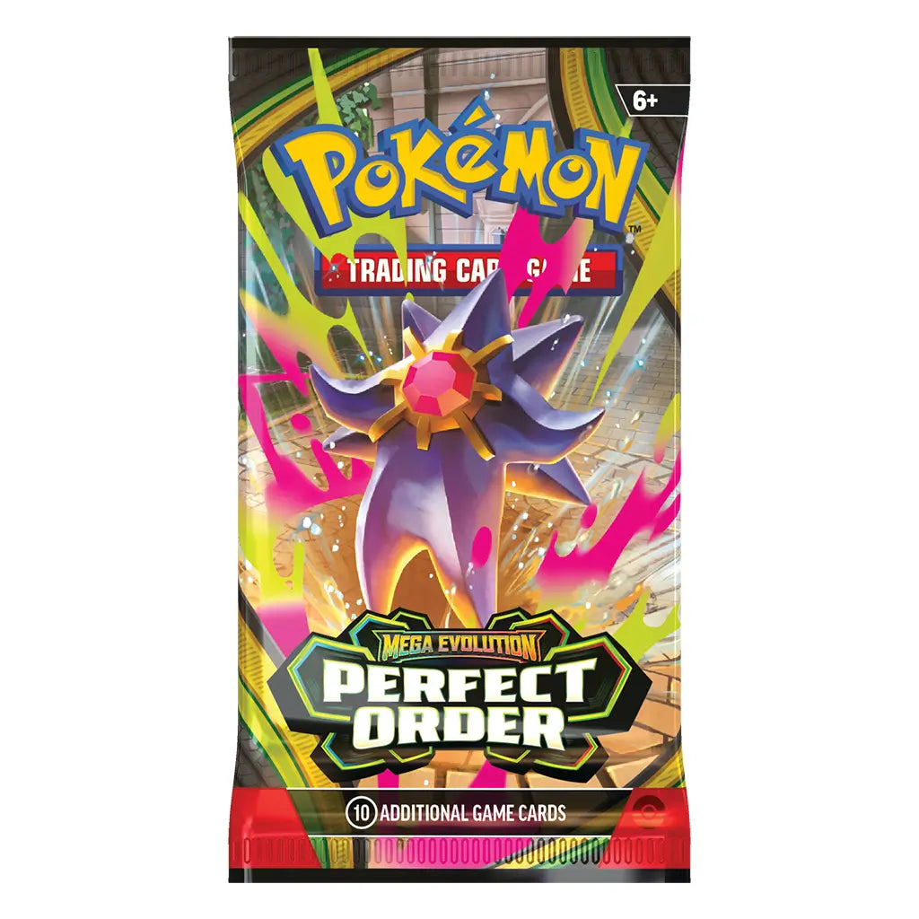 Pokemon trading card booster pack, purple and neon accented glossy foil wrapper with a star-shaped creature, rectangular sealed pack for gameplay, displayed upright on a light neutral background with bold logo.