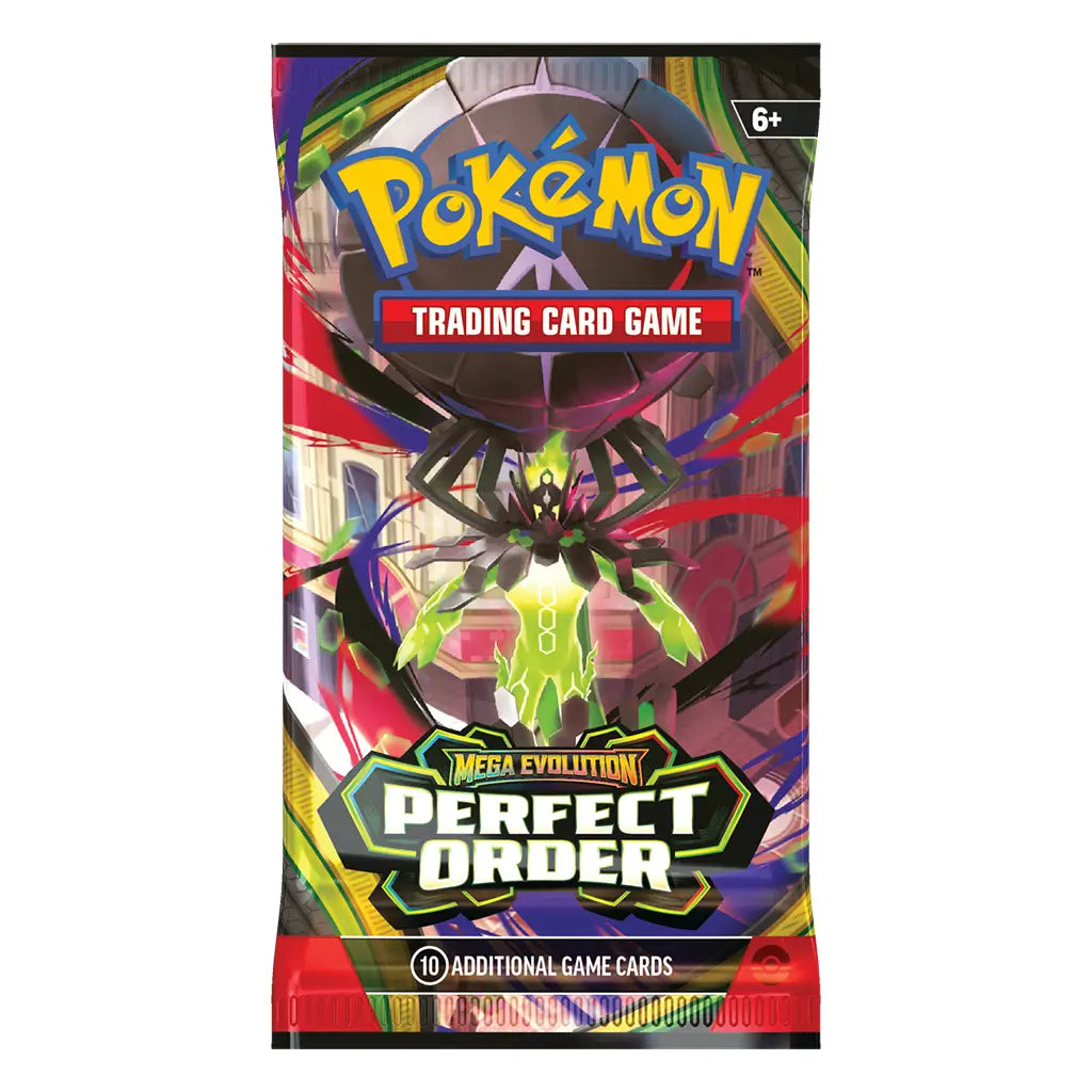Pokemon trading card booster pack, dark multicolor glossy foil wrapper with a futuristic creature design, rectangular sealed pack for gameplay, positioned upright on a light background with vivid branding details.