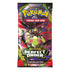 Pokemon trading card booster pack, dark multicolor glossy foil wrapper with a futuristic creature design, rectangular sealed pack for gameplay, positioned upright on a light background with vivid branding details.