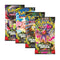 Pokemon trading card booster packs, glossy foil wrappers in multicolor designs featuring stylized creatures, rectangular sealed packs for gameplay, displayed in a staggered arrangement on a clean light background.