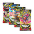 Pokemon trading card booster packs, glossy foil wrappers in multicolor designs featuring stylized creatures, rectangular sealed packs for gameplay, displayed in a staggered arrangement on a clean light background.