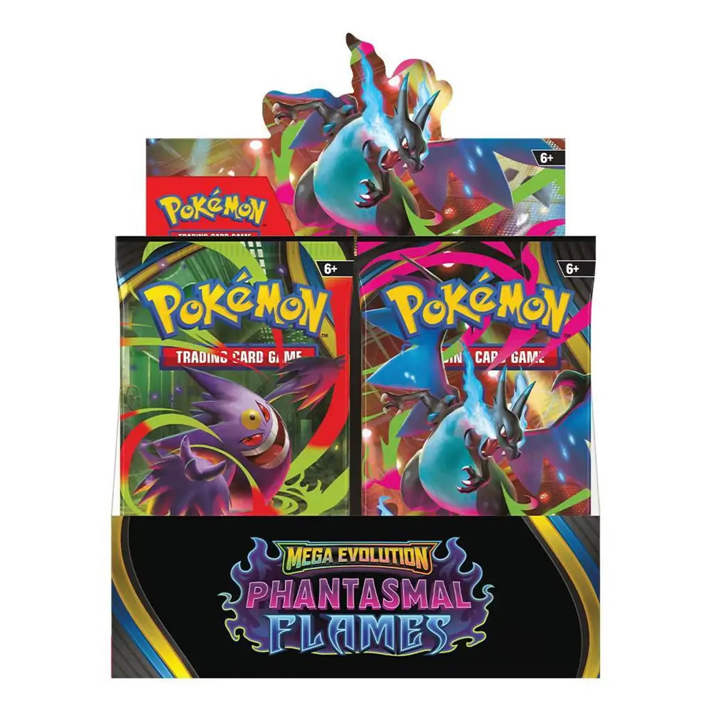 Pokémon TCG booster box displays bold Mega Evolution Phantasmal Flames artwork with vivid character graphics and upright booster packs arranged inside a black and gold display tray on a clean studio background.