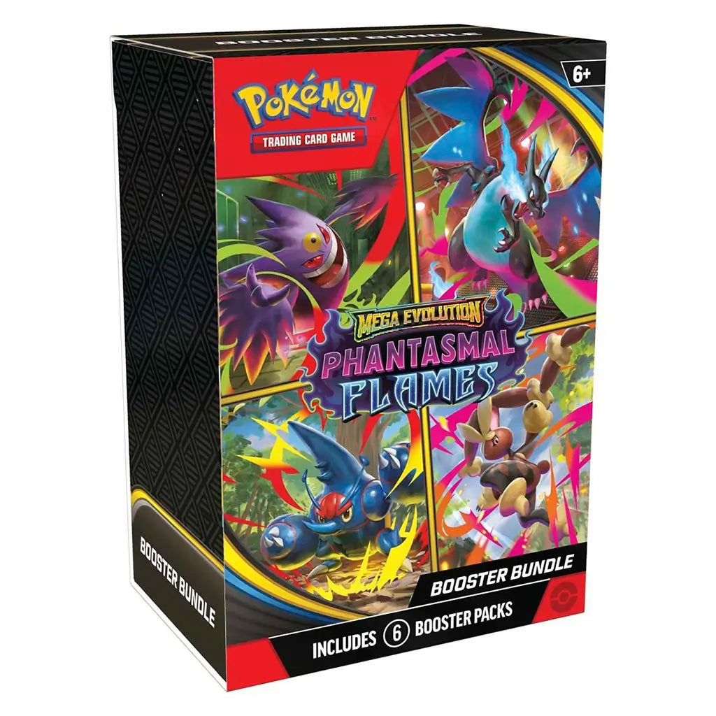 Pokémon TCG booster bundle box shows colorful Mega Evolution Phantasmal Flames artwork with vivid characters and bold branding on a sturdy rectangular package set against a clean studio background.