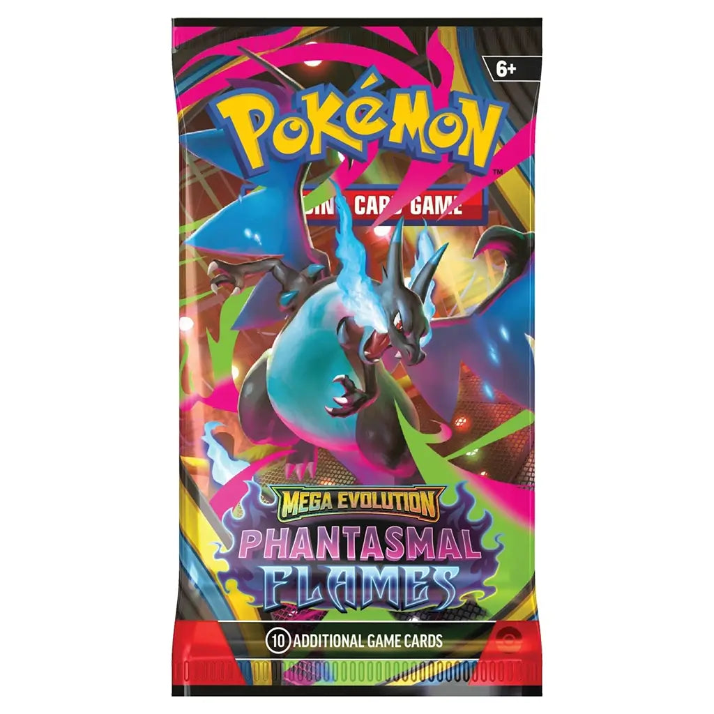 Bright multicolor Pokémon trading card booster pack with smooth reflective foil material, tall rectangular sleeve featuring Charizard artwork, part of Mega Evolution Phantasmal Flames set on a neutral backdrop.