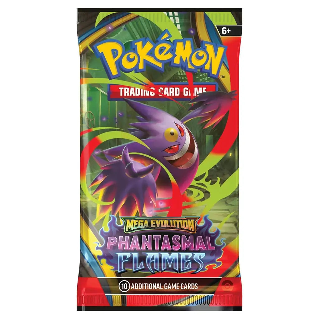 Vivid multicolor Pokémon booster pack with reflective foil material, vertical rectangular card sleeve featuring Gengar artwork, Mega Evolution Phantasmal Flames collection displayed on a clean backdrop.