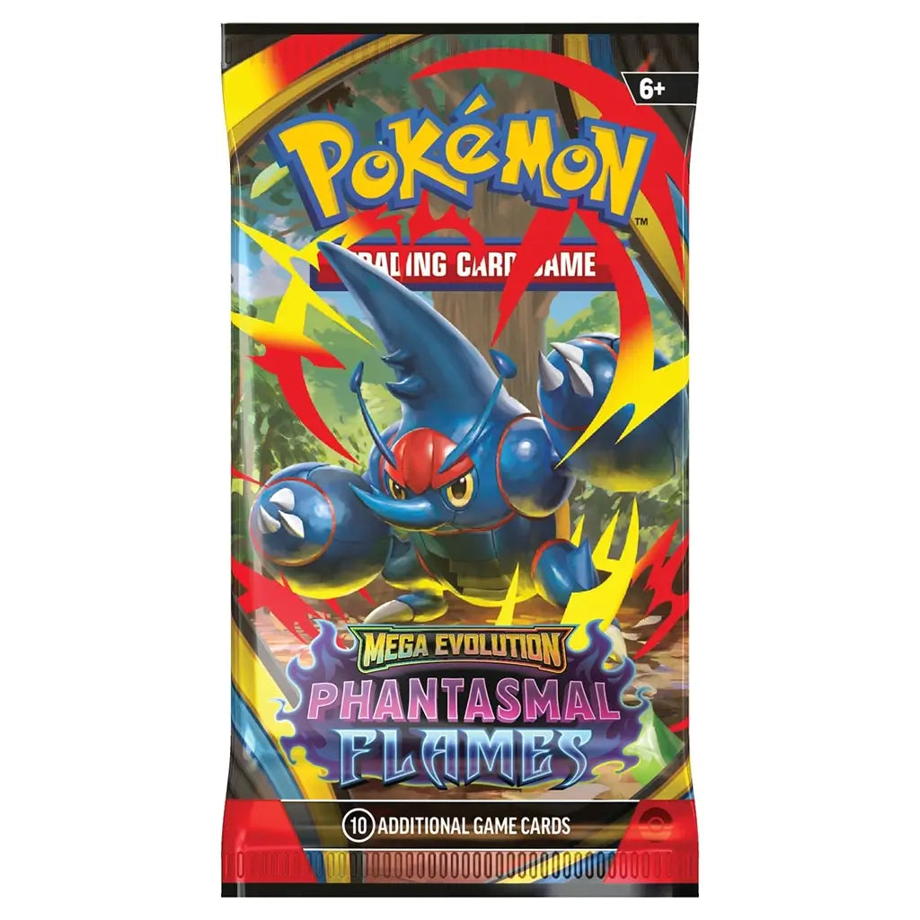 Bold colorful Pokémon trading card booster pack with glossy metallic foil surface, upright rectangular sleeve featuring Heracross artwork, Mega Evolution Phantasmal Flames series set on a neutral background.