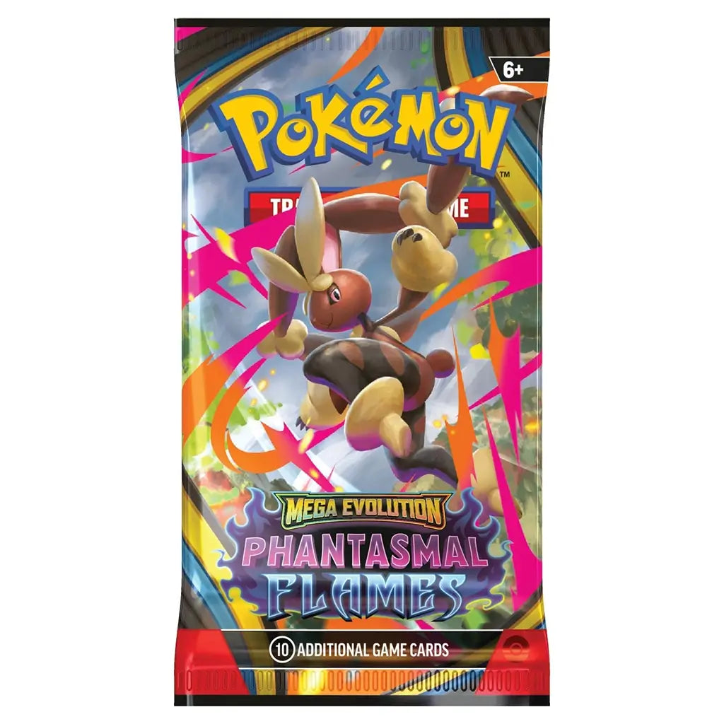 Vibrant multicolor Pokémon TCG booster pack with shiny foil texture, vertical rectangular form displaying Lopunny artwork, Mega Evolution Phantasmal Flames theme presented against a simple light background.