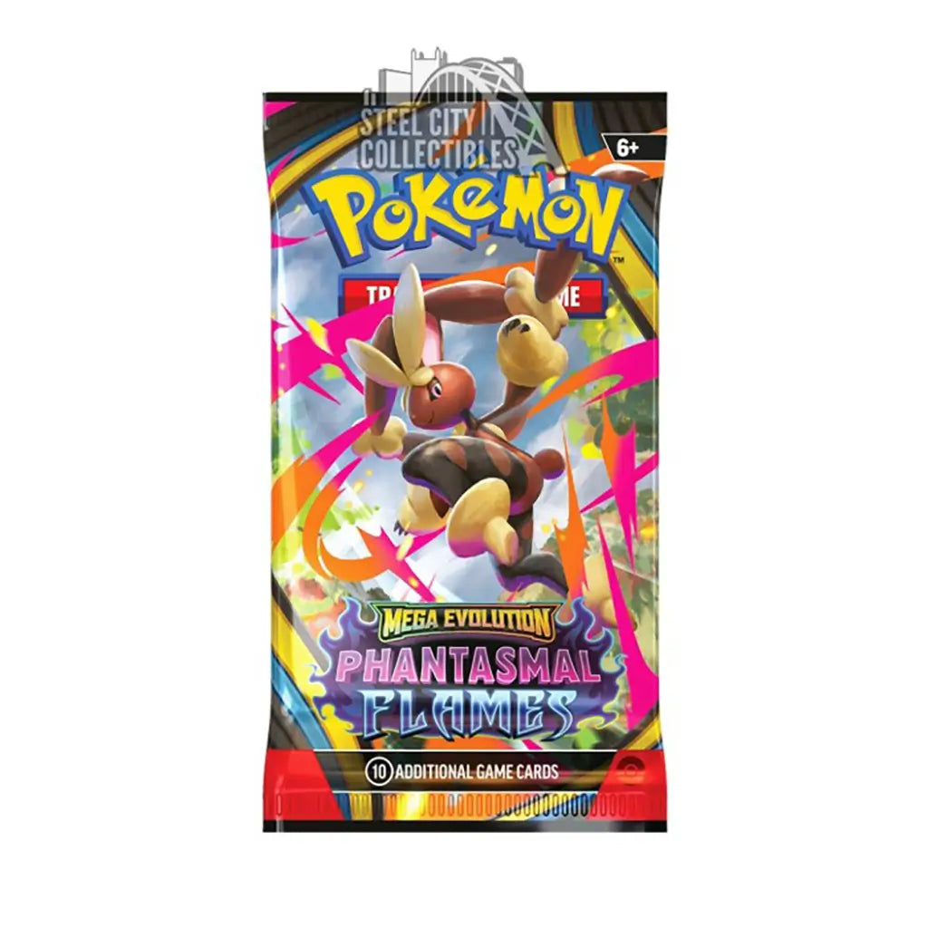 Pokémon TCG Phantasmal Flames booster pack shows Mega Lopunny in energetic mid-jump surrounded by neon streaks and expansion branding printed across a shiny foil wrapper photographed against a white backdrop.