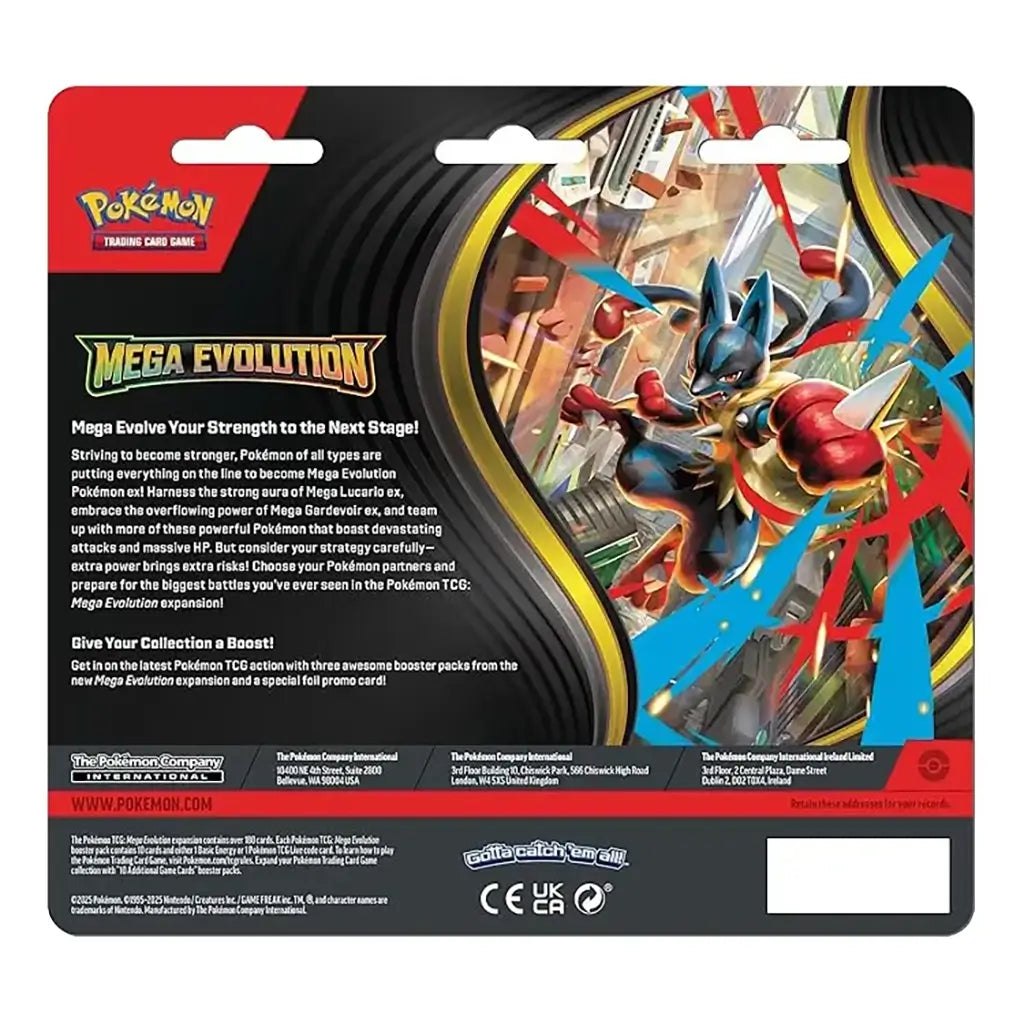 Pokémon TCG Mega Evolution blister pack back panel features storyline text, Lucario artwork and product details printed across a curved black and yellow design layout photographed flat against a neutral backdrop.