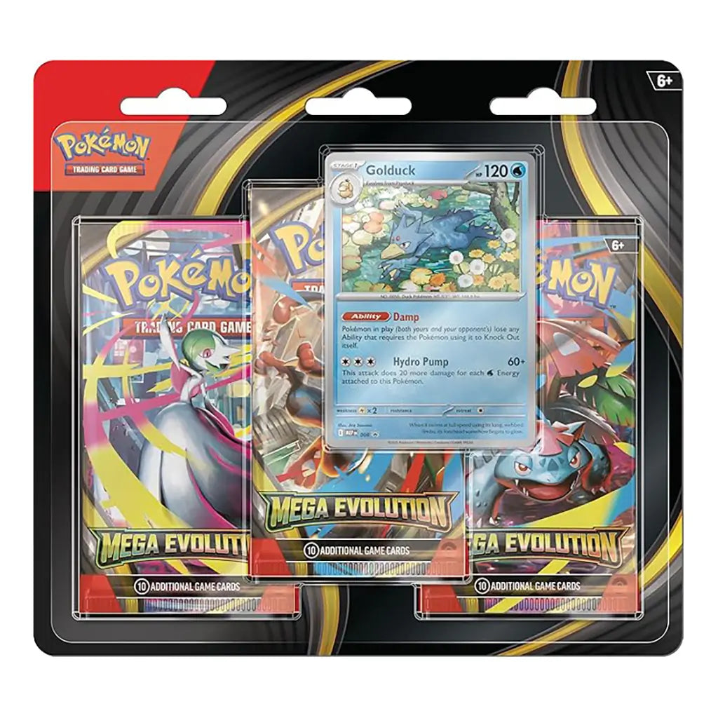 Pokémon TCG Mega Evolution three-booster blister pack displays a sealed Golduck promo card centered above three vibrant foil booster packs arranged in a black and gold carded backing against a white studio background.