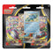 Pokémon TCG Mega Evolution three-booster blister pack displays a sealed Golduck promo card centered above three vibrant foil booster packs arranged in a black and gold carded backing against a white studio background.