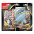 Pokémon TCG Mega Evolution three-booster blister pack displays a sealed Golduck promo card centered above three vibrant foil booster packs arranged in a black and gold carded backing against a white studio background.