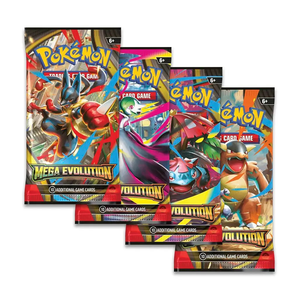 Collection of four Pokémon Mega Evolution booster packs with cover art of Mega Lucario, Mega Gardevoir, Mega Venusaur, and Mega Kangaskhan, each with vibrant streak patterns.