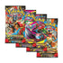 Collection of four Pokémon Mega Evolution booster packs with cover art of Mega Lucario, Mega Gardevoir, Mega Venusaur, and Mega Kangaskhan, each with vibrant streak patterns.