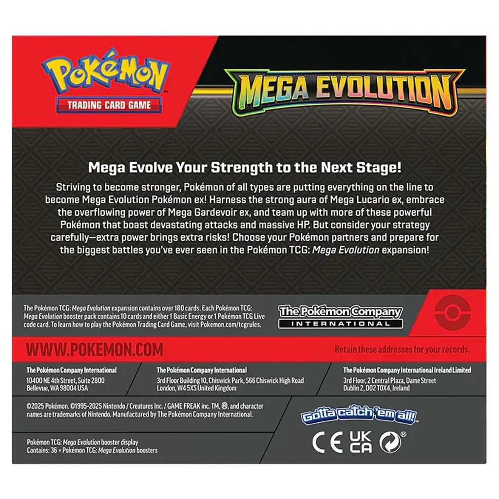 Pokemon Trading Card Game Mega Evolution booster box back packaging with bold red and black design, featuring Mega Lucario ex, Mega Gardevoir ex, and game expansion details.