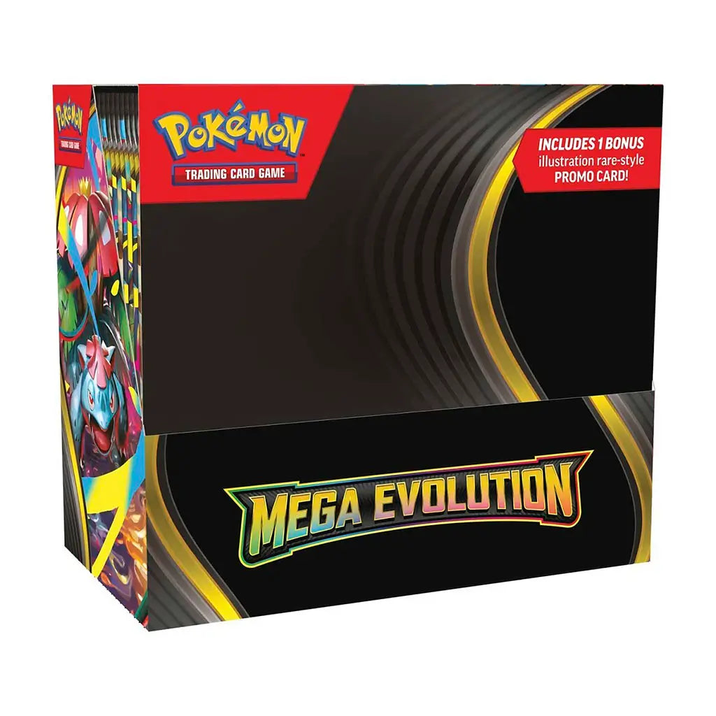 Pokémon Trading Card Game Mega Evolution booster box packaging in black with bold Mega Evolution logo and bonus promo card detail, designed for collectible display and storage.