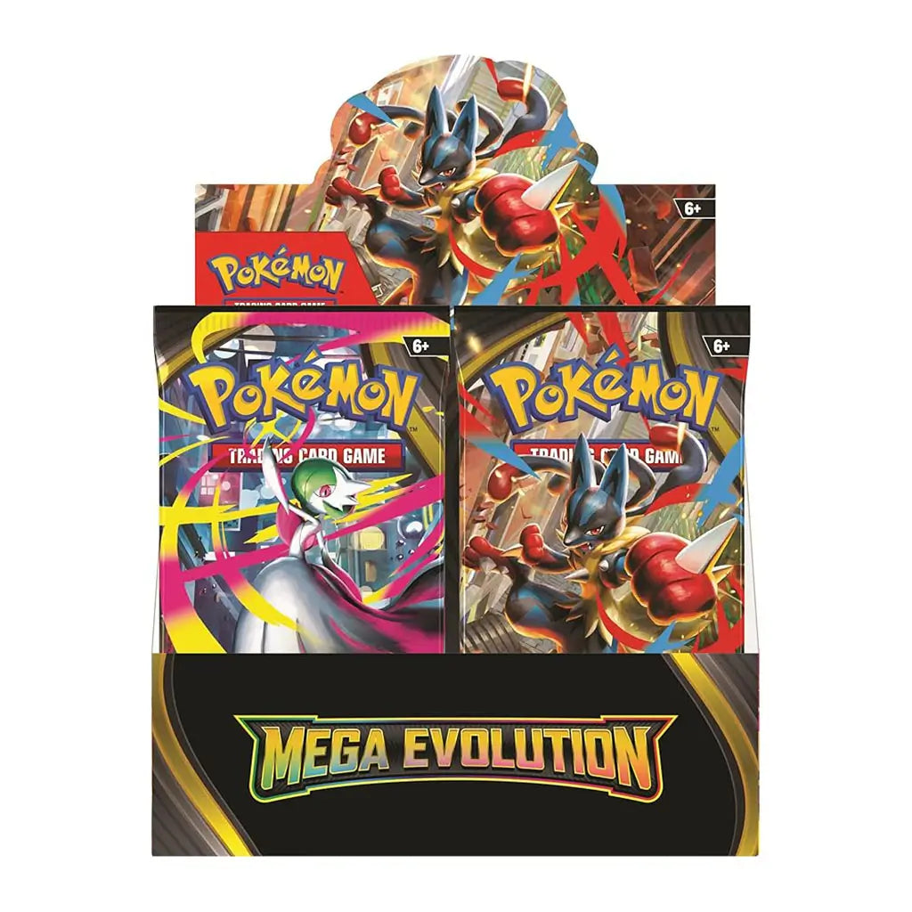 Front view of Pokémon Mega Evolution booster box showing packs with Gardevoir and Lucario artwork, colorful dynamic graphics, and bold Mega Evolution branding for collectors.