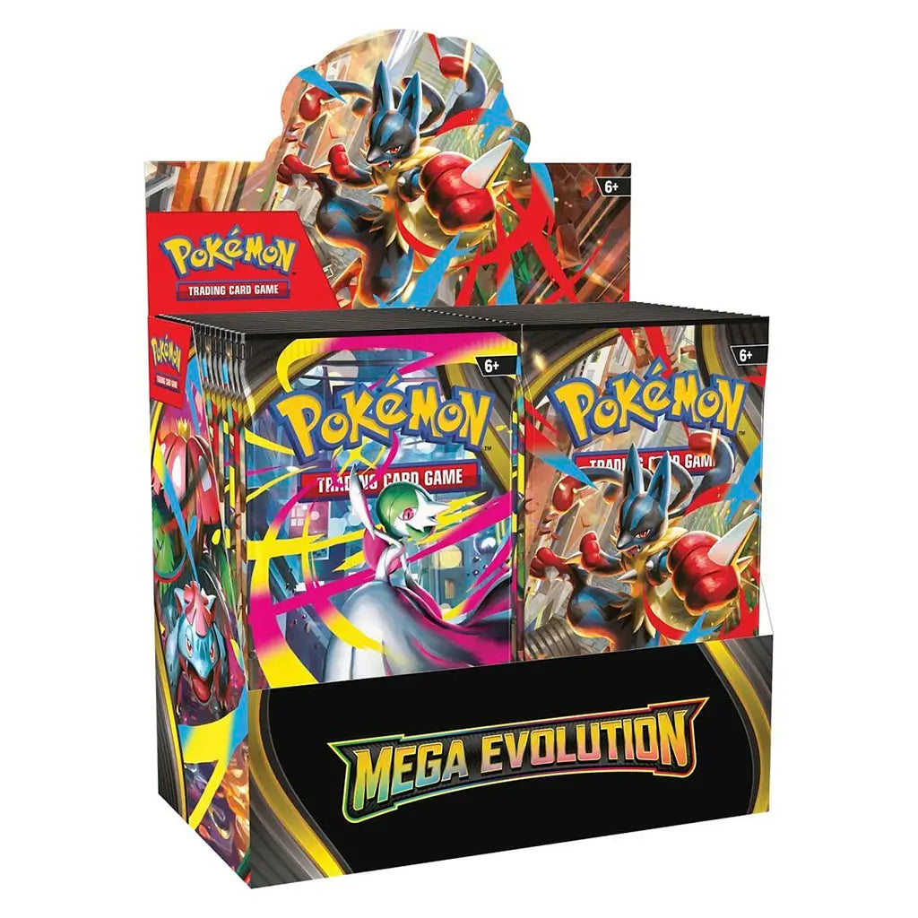 Full Pokémon TCG Mega Evolution booster box with packs featuring Gardevoir and Lucario, decorated with vivid artwork and bold Pokémon logo for trading card fans and players.