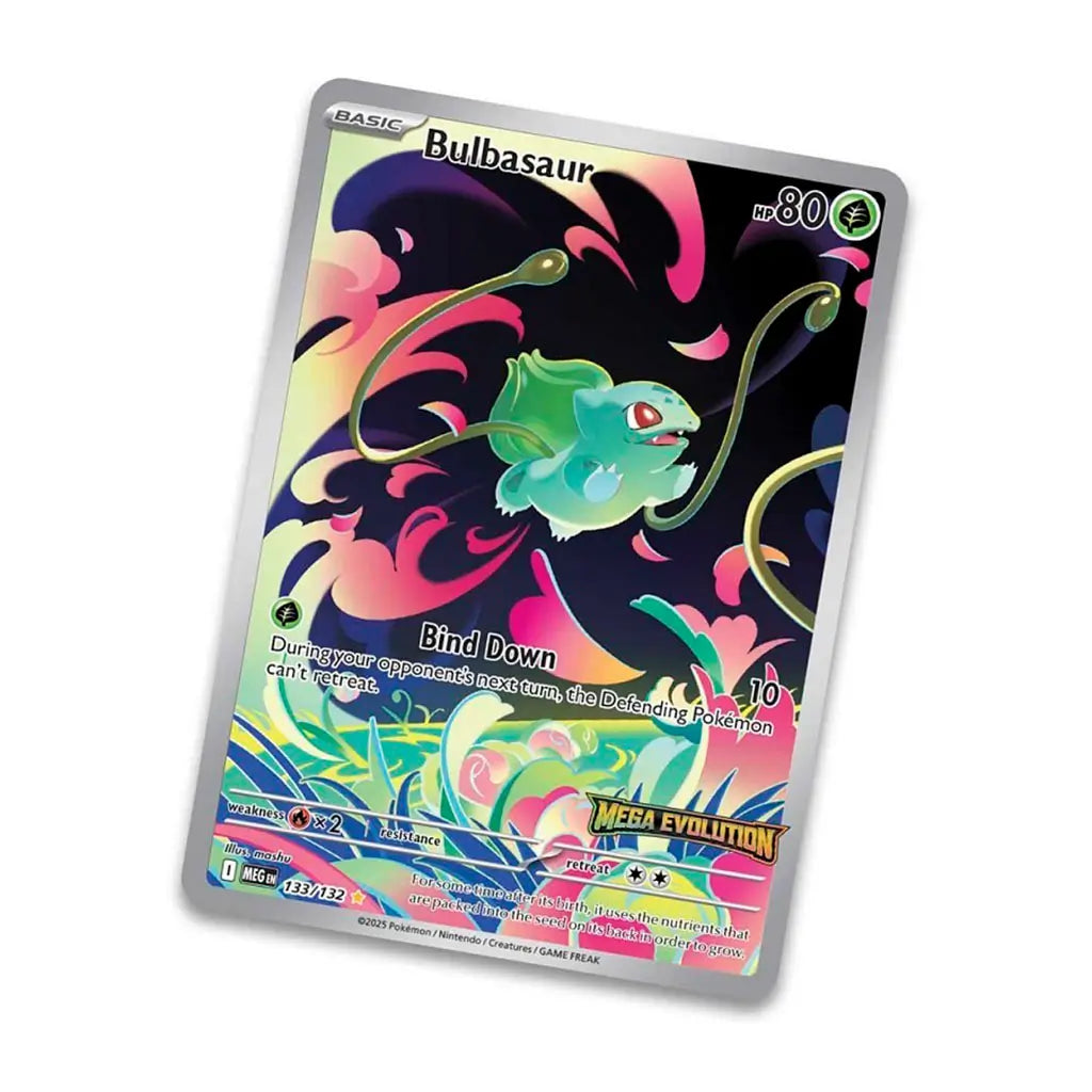 Pokémon TCG Bulbasaur promo card from Mega Evolution booster set, featuring vibrant illustration with swirling colors, card stats, and holo-style design for collectors.