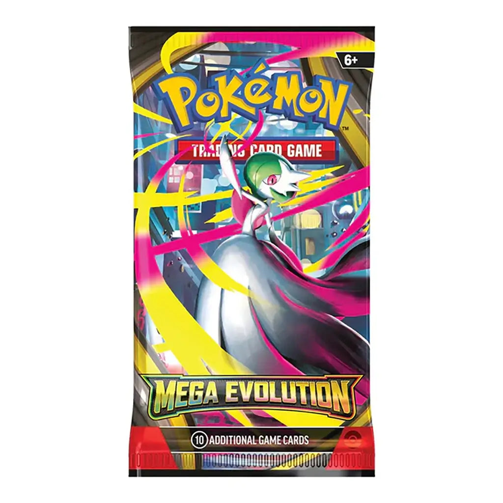 Pokémon Mega Evolution booster pack featuring Mega Gardevoir in silver and pink with glowing streaks of yellow and magenta, set against a futuristic lab-style background.
