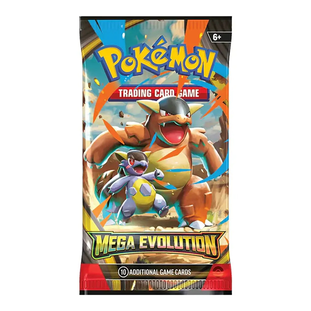Pokémon Mega Evolution booster pack featuring Mega Kangaskhan with its baby by its side, illustrated in earthy tones with swirling orange and blue energy effects.
