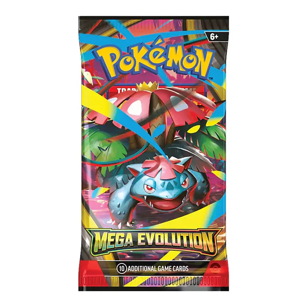 Pokémon Mega Evolution booster pack showing Mega Venusaur in green and red beneath a jungle canopy, highlighted with bold blue and yellow streaks for dynamic energy.