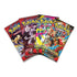 Pokémon TCG booster packs fanned out on a white background, showing colorful foil wrappers from multiple expansions, sealed flexible packaging, and standard rectangular shape included in the Mega Kangaskhan ex Box set.