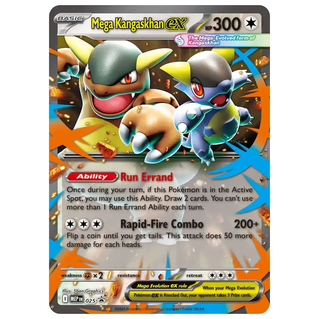 Pokémon TCG Mega Kangaskhan ex promo card featuring gray and tan Pokémon artwork with orange and blue energy effects, glossy card surface, bold HP text, and detailed attack information for competitive and collectible play.
