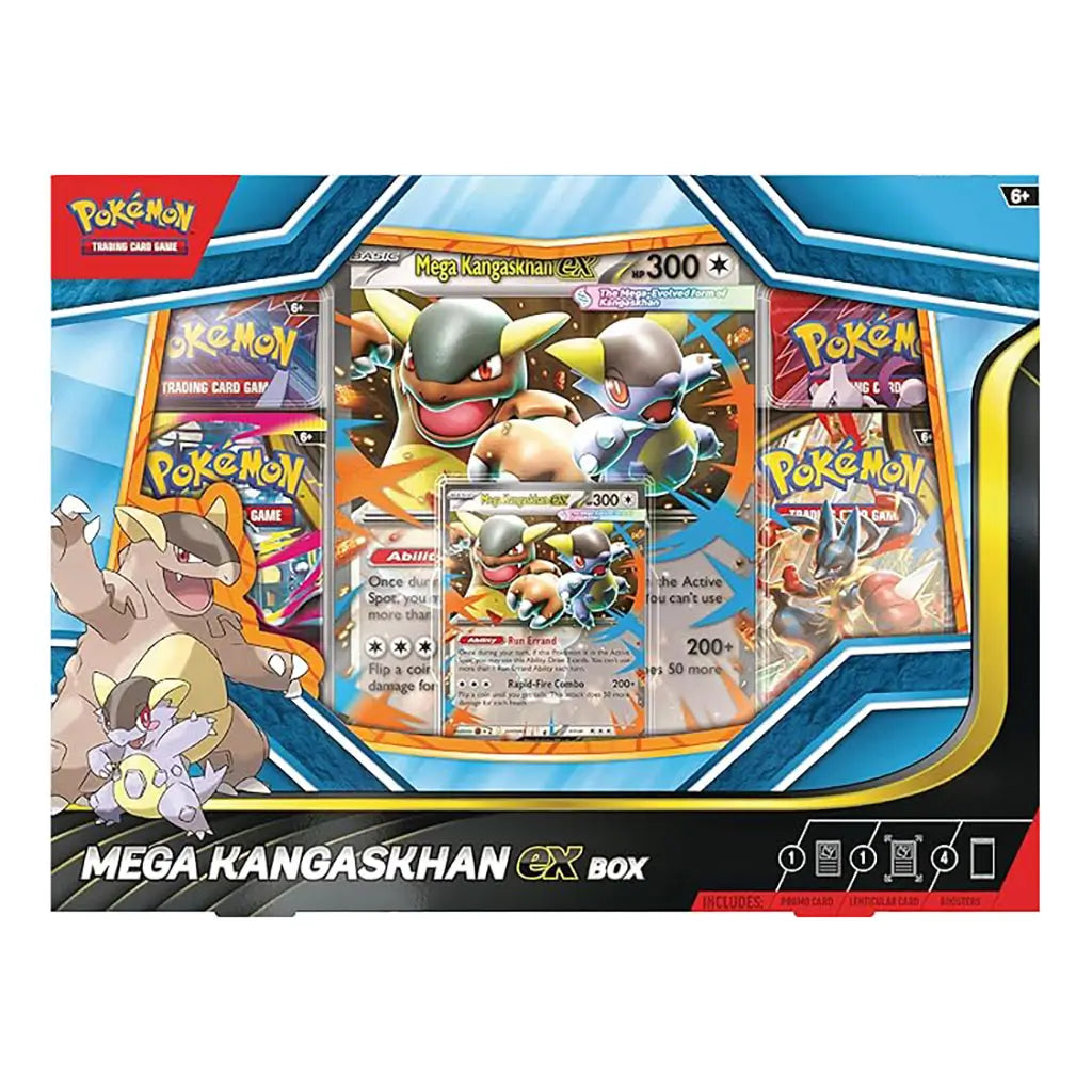 Pokémon TCG Mega Kangaskhan ex Box in blue and yellow cardboard packaging with glossy finish, featuring Mega Kangaskhan and baby artwork, a large promo card window, and sealed booster packs designed for collectible and gameplay value.