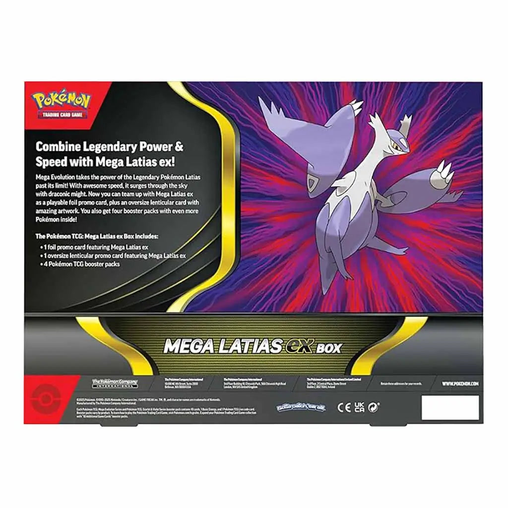 Back view of Pokémon TCG Mega Latias EX Box packaging displaying Mega Latias artwork with swirling purple background and product details including included cards and packs.