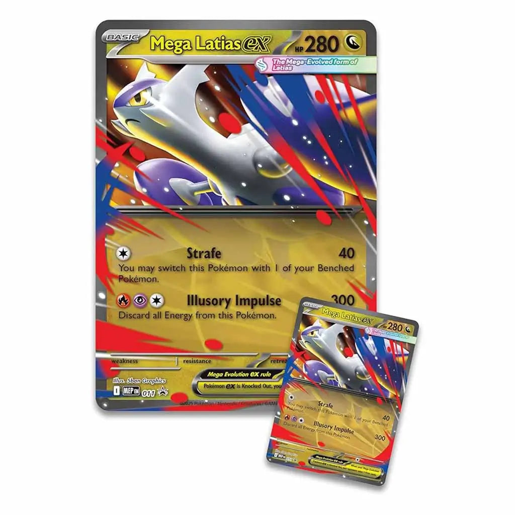 Pokémon TCG Mega Latias EX promo card set featuring standard and oversized holographic cards with gold and red accents, both showcasing the dragon Pokémon Mega Latias.
