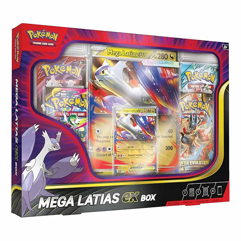 Pokémon TCG Mega Latias EX Box with vivid red and purple packaging showing Mega Latias promo card, four booster packs, and an oversized collectible EX card inside.