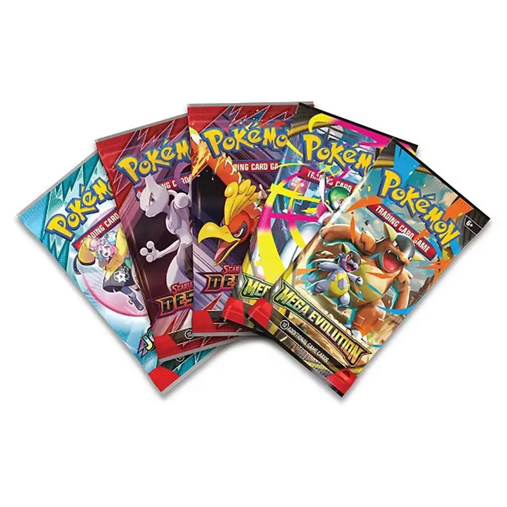 Pokémon TCG booster pack assortment from the Mega Lucario EX Figure Collection displays five foil packs with bright character art fanned out in a staggered row on a clean white background.