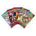 Pokémon TCG booster pack assortment from the Mega Lucario EX Figure Collection displays five foil packs with bright character art fanned out in a staggered row on a clean white background.