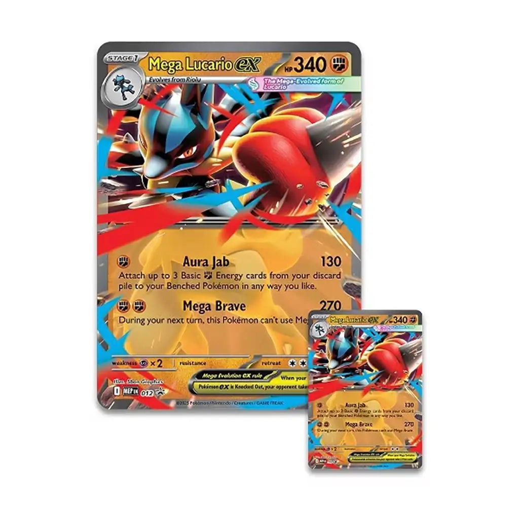 Pokémon TCG Mega Lucario EX oversized and standard promo cards feature dynamic artwork with striking blue, red and gold effects highlighting Lucario’s powerful Aura Jab and Mega Brave attacks.