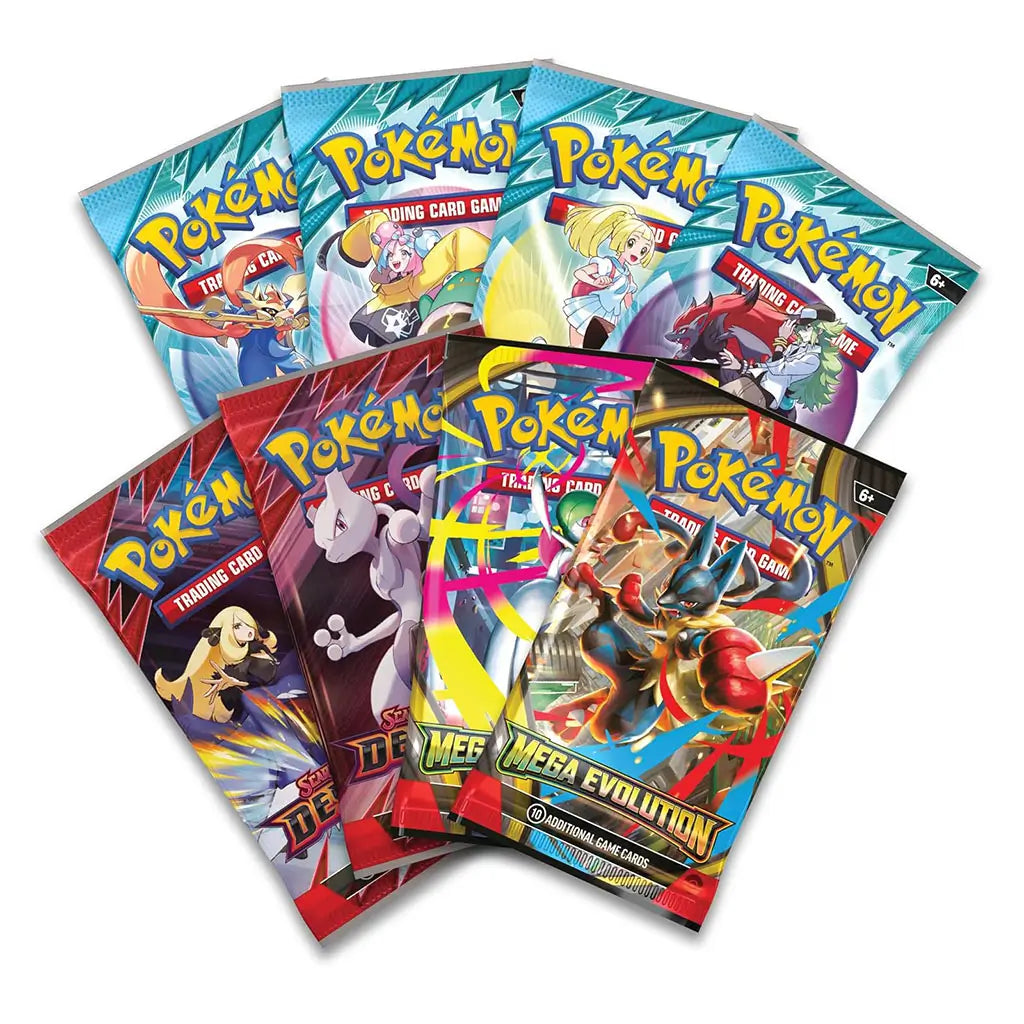 Pokémon TCG booster packs spread in a fan layout, featuring colorful foil wrappers with assorted Pokémon artwork, sealed flexible packaging, and standard rectangular shape included in the Mega Venusaur ex Premium Collection set.
