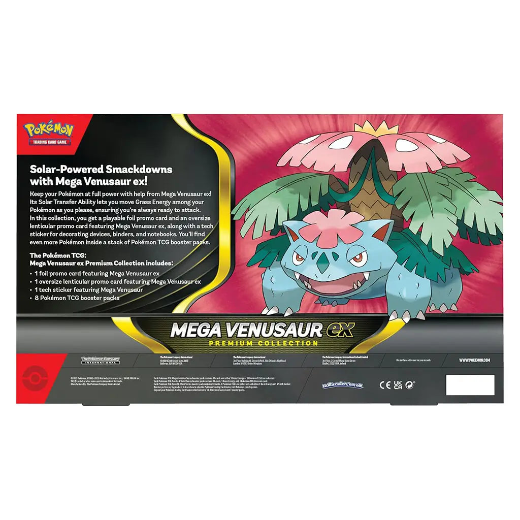 Back of Pokémon TCG Mega Venusaur ex Premium Collection packaging showing detailed product description, included contents list, branding, and large illustrated Mega Venusaur artwork on a dark background.