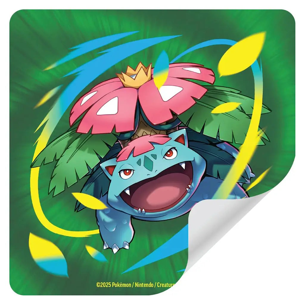 Pokémon TCG Mega Venusaur tech sticker with green background, smooth vinyl texture, rounded square shape, and dynamic Mega Venusaur illustration, designed for decorating binders, notebooks, or gaming accessories.