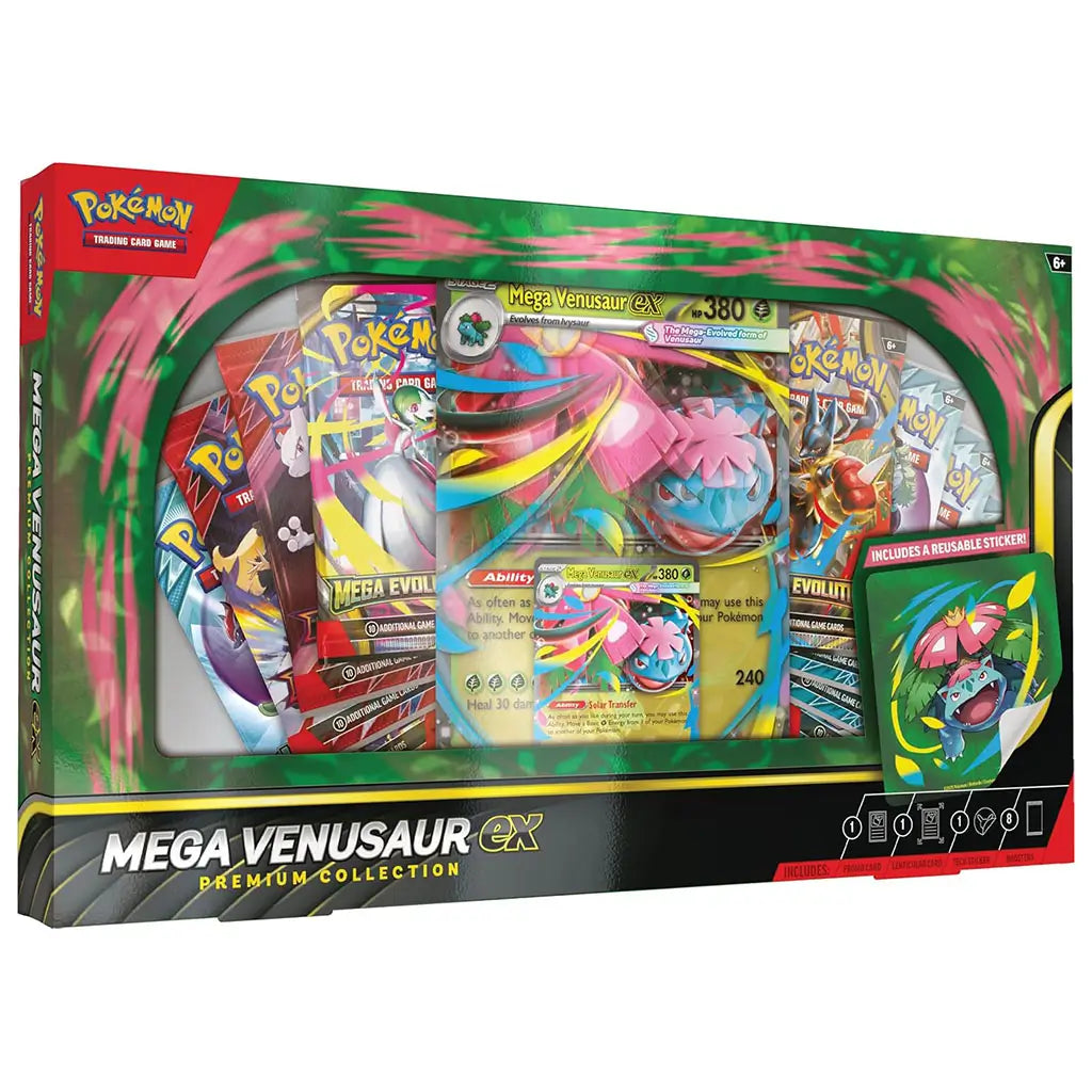 Pokémon TCG Mega Venusaur ex Premium Collection box in green and black cardboard packaging with glossy finish, displaying Mega Venusaur ex oversized and standard promo cards, multiple booster packs, and collectible contents through a clear window.