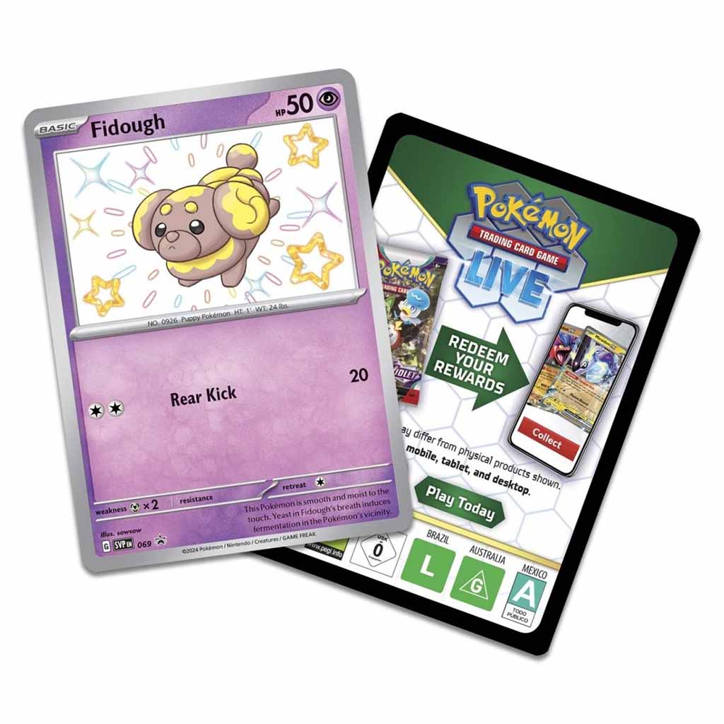 Close-up of shiny Fidough Pokémon card beside Pokémon TCG Live digital code card, showing vibrant purple background and star-themed artwork for promotional collectors.