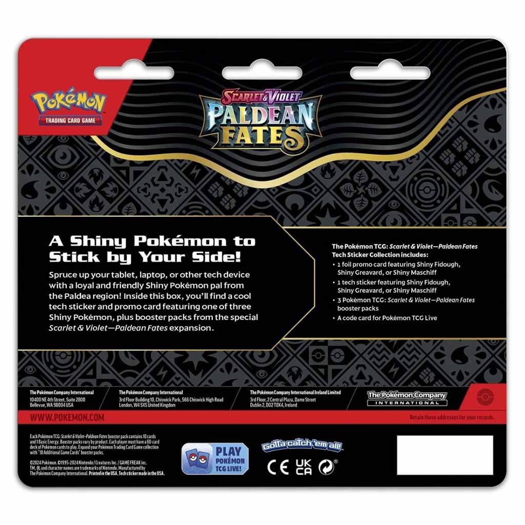 Back of Pokémon TCG Scarlet & Violet Paldean Fates Fidough Tech Sticker Collection packaging with black and gold graphics, product details, and promotional text highlighting set contents.