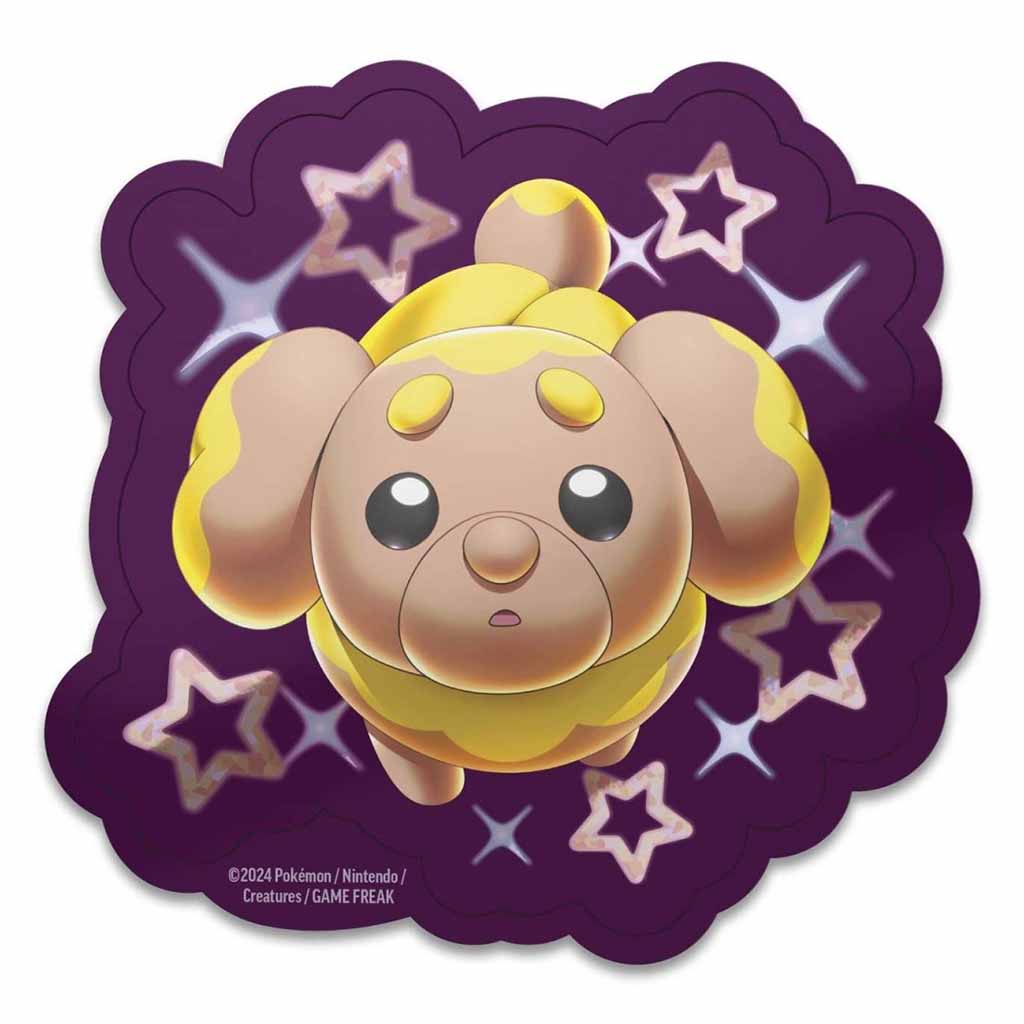 Shiny Fidough Pokémon sticker with rounded purple border and star accents, featuring the tan and yellow puppy Pokémon design on glossy material for collectors and device decoration.