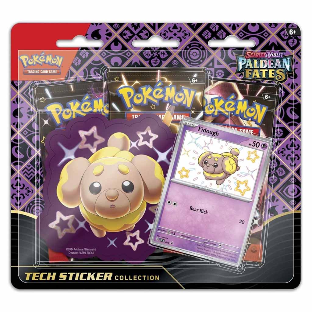 Pokémon TCG Scarlet & Violet Paldean Fates Tech Sticker Collection featuring shiny Fidough promo card, purple star-patterned sticker, and three sealed booster packs in a display package.