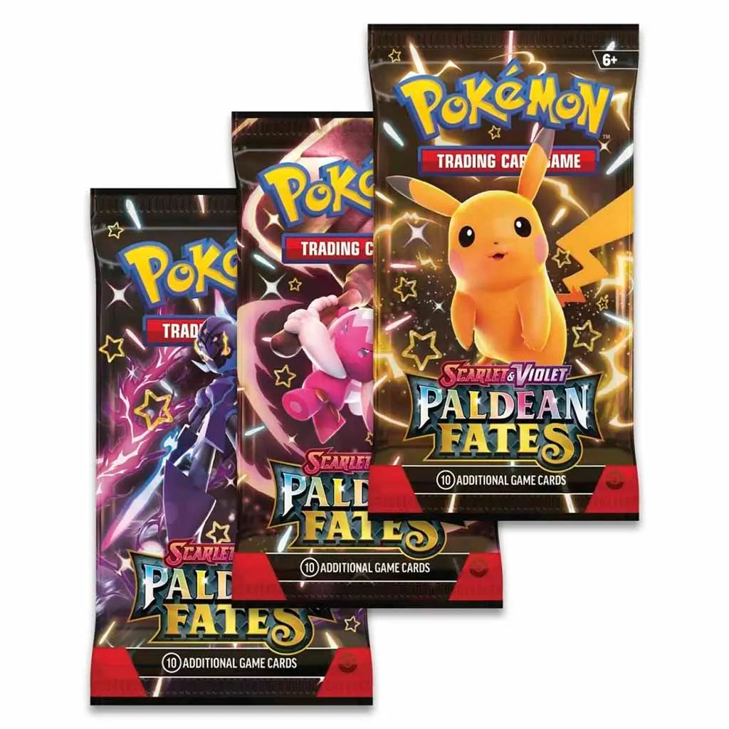 Three Pokémon TCG Scarlet & Violet Paldean Fates booster packs featuring Pikachu, Mimikyu, and Iron Valiant artwork, arranged upright on white background with shiny foil texture.