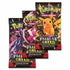 Three Pokémon TCG Scarlet & Violet Paldean Fates booster packs featuring Pikachu, Mimikyu, and Iron Valiant artwork, arranged upright on white background with shiny foil texture.