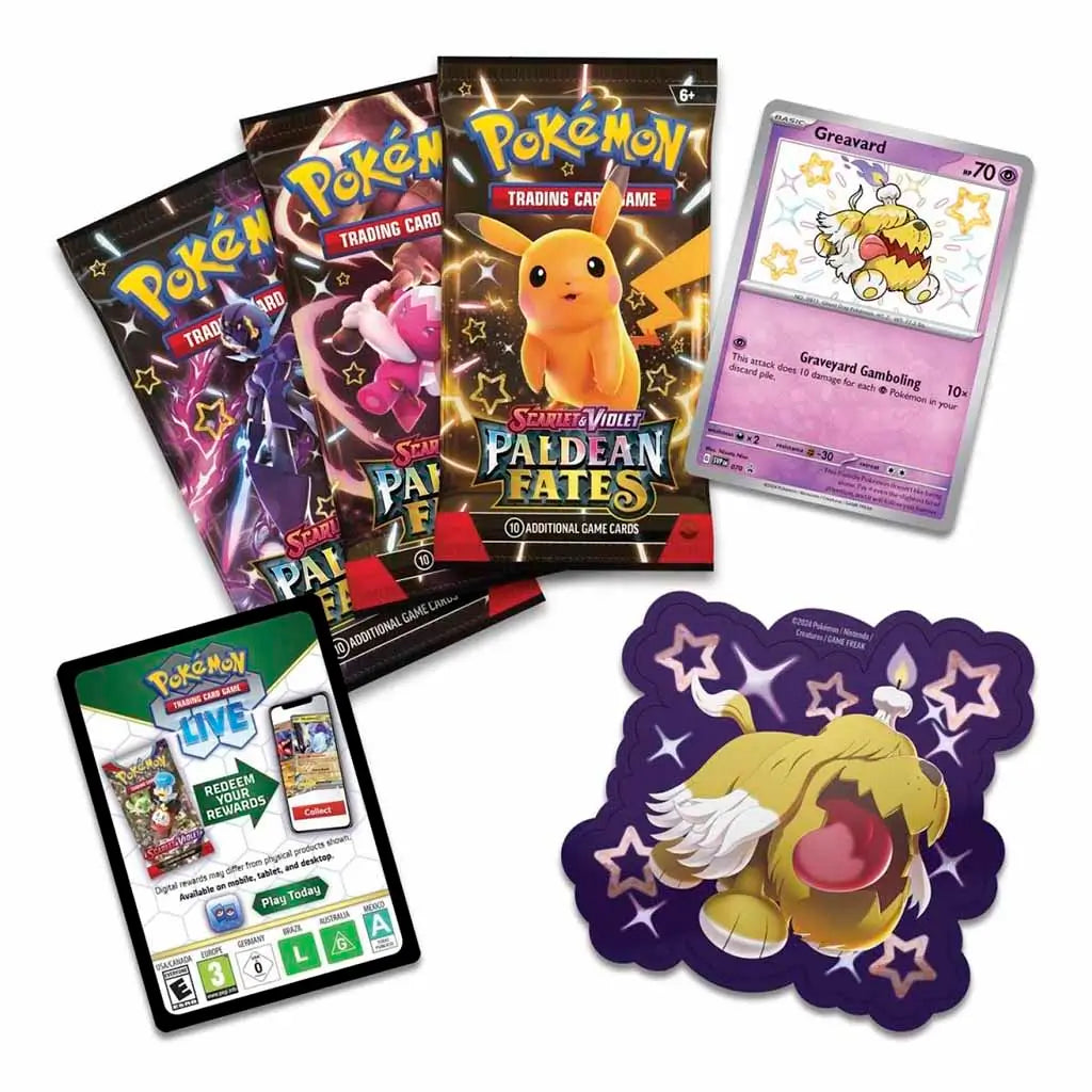 Contents of Pokémon TCG Paldean Fates Tech Sticker Collection laid out showing three booster packs, Greavard promo card, tech sticker, and Pokémon TCG Live reward card on white surface.