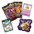 Contents of Pokémon TCG Paldean Fates Tech Sticker Collection laid out showing three booster packs, Greavard promo card, tech sticker, and Pokémon TCG Live reward card on white surface.