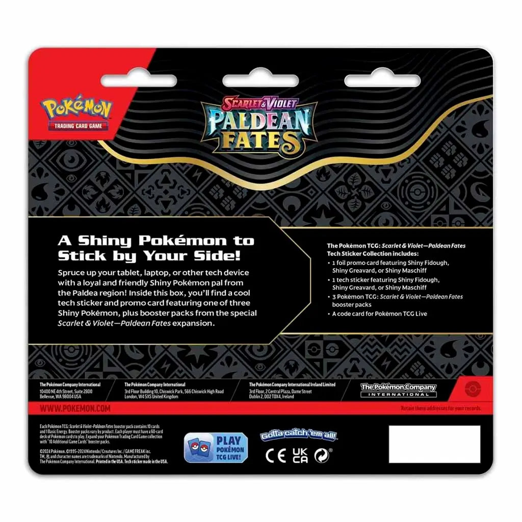 Back of Pokémon TCG Paldean Fates Tech Sticker Collection package detailing features including shiny Greavard promo, tech sticker, and booster packs from Scarlet & Violet Paldean Fates set.
