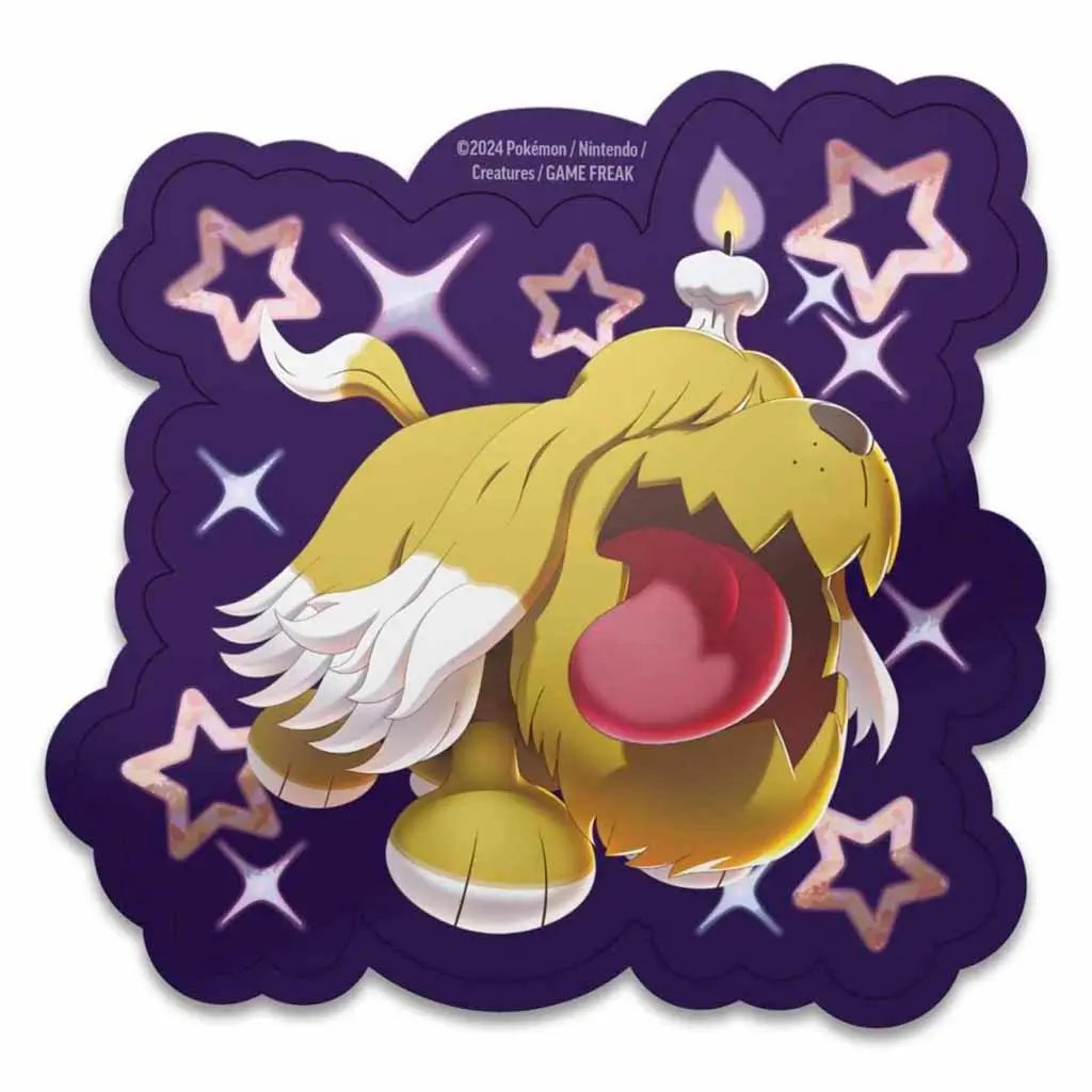 Close-up of Pokémon TCG tech sticker featuring shiny Greavard with candle flame and starry purple background, part of the Paldean Fates Tech Sticker Collection release.